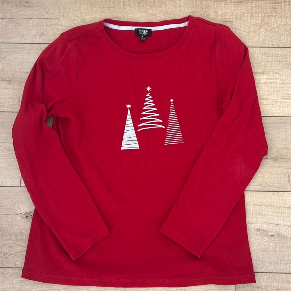 Jones New York Christmas Holiday Long Sleeve Top Trees Silver Glitter